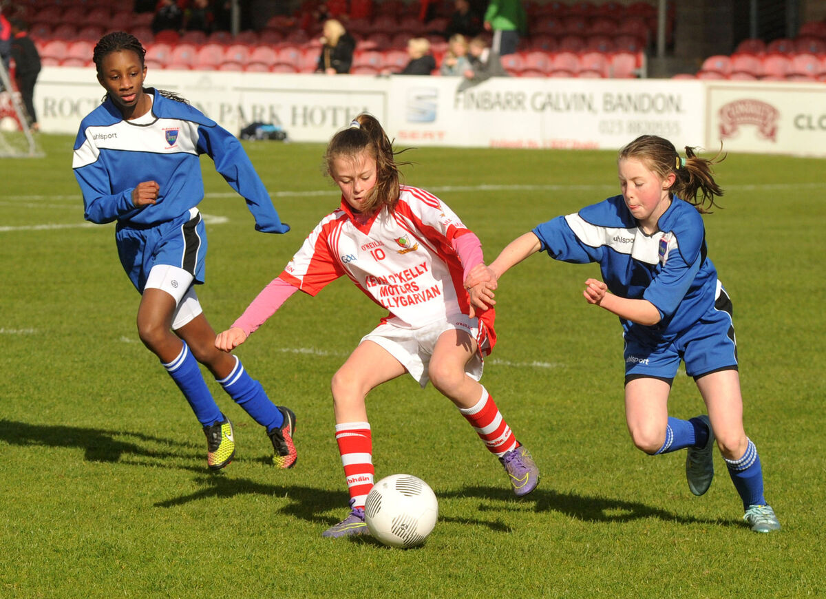 Ballygarvan's Eva Mangan on the attack against Castlemartyr at the Spar Schools 5-a-side blitz at Turners Cross. Pic: Des Barry Ballygarvan's Eva Mangan on the attack against Castlemartyr at the Spar Schools 5-a-side blitz at Turners Cross. Pic: Des Barry