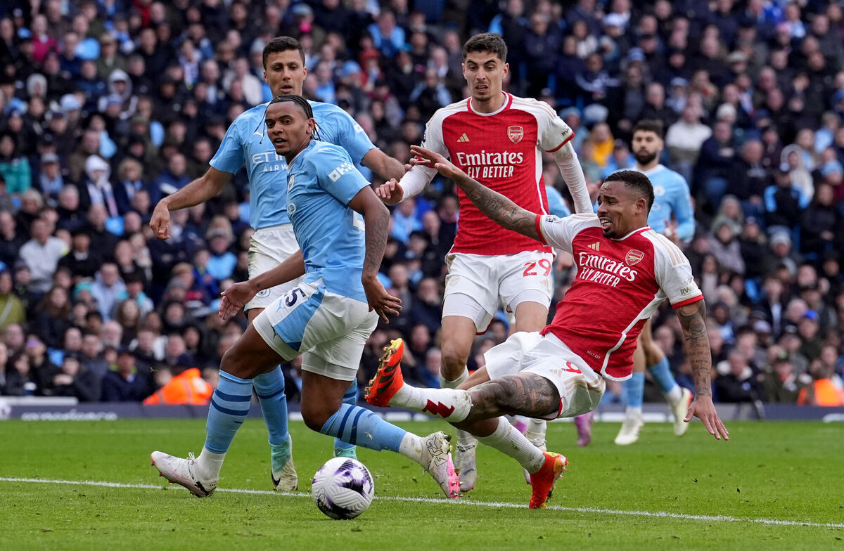 Arsenal's Gabriel Jesus has an attempt on goal as Man City's Manuel Akanji watches on during the Premier League match at the Etihad Stadium. Pic: Martin Rickett/PA Wire Arsenal's Gabriel Jesus has an attempt on goal as Man City's Manuel Akanji watches on during the Premier League match at the Etihad Stadium. Pic: Martin Rickett/PA Wire