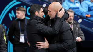 <p>Manchester City manager Pep Guardiola and Arsenal manager Mikel Arteta speak ahead of the 2023/24 Premier League match at the Etihad Stadium Picture: Martin Rickett/PA Wire. </p>