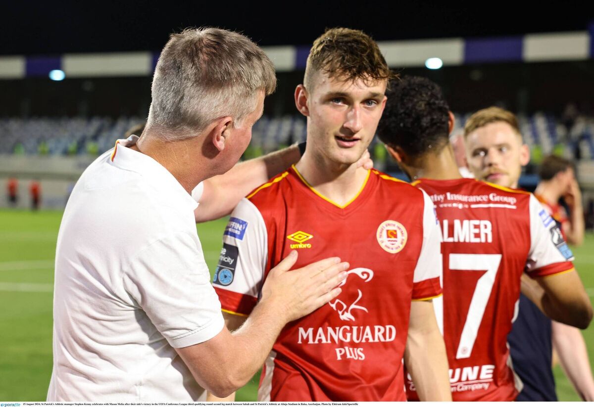 St Patrick's Athletic manager Stephen Kenny celebrates with Mason Melia after their side's victory in the UEFA Conference League third qualifying round second leg match against Sabah. Picture: Ehtiram Jabi/Sportsfile