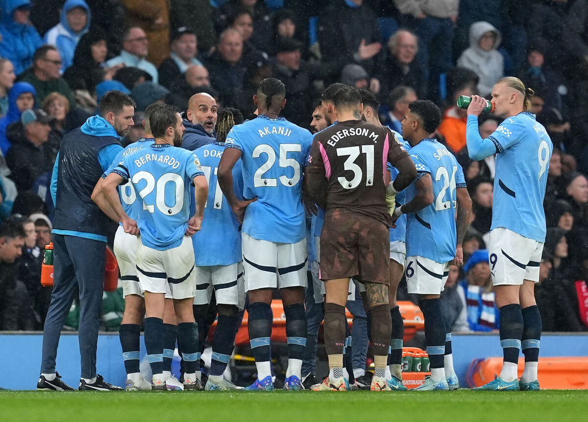 Manchester City manager Pep Guardiola addresses players on the touchline. Picture: Martin Rickett/PA Wire.