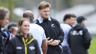 <p>LAYOFF: An injured Jordie Barrett looks on during a New Zealand All Blacks training session in Wellington on Tuesday. Pic: Hagen Hopkins/Getty Images</p>
