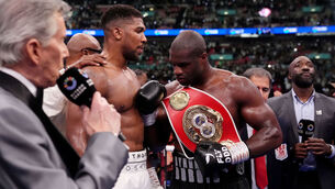 <p>IT'S A KNOCKOUT: Anthony Joshua and Daniel Dubois following the IBF World Heavy weight bout at Wembley Stadium on Saturday night. Bradley Collyer/PA Wire.</p>