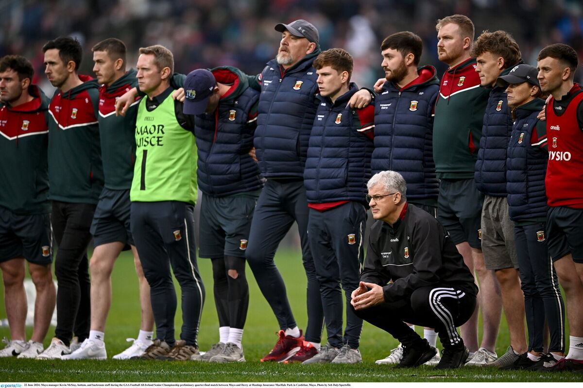 Mayo manager Kevin McStay and backroom staff during the All-Ireland SFC preliminary quarter-final penalty shootout against Derry. Picture: Seb Daly/Sportsfile