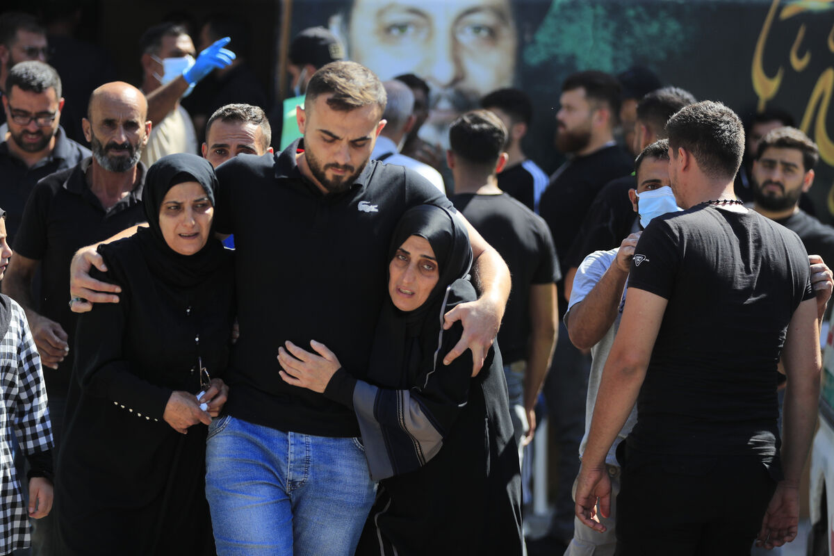 One of the funerals of people killed in Monday's Israeli airstrikes in the southern village of Saksakieh, Lebanon. Picture: Mohammed Zaatari/AP One of the funerals of people killed in Monday's Israeli airstrikes in the southern village of Saksakieh, Lebanon. Picture: Mohammed Zaatari/AP