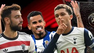 <p>Bruno Fernandes of Manchester United, Galeno of Porto and Tottenham's Brennan Johnson with the Europa League trophy.</p>