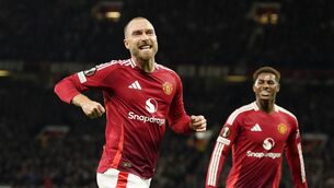 <p>Manchester United's Christian Eriksen celebrates with Marcus Rashford after scoring the opening goal during the Europa League game against FC Twente. Picture: AP Photo/Dave Thompson</p>