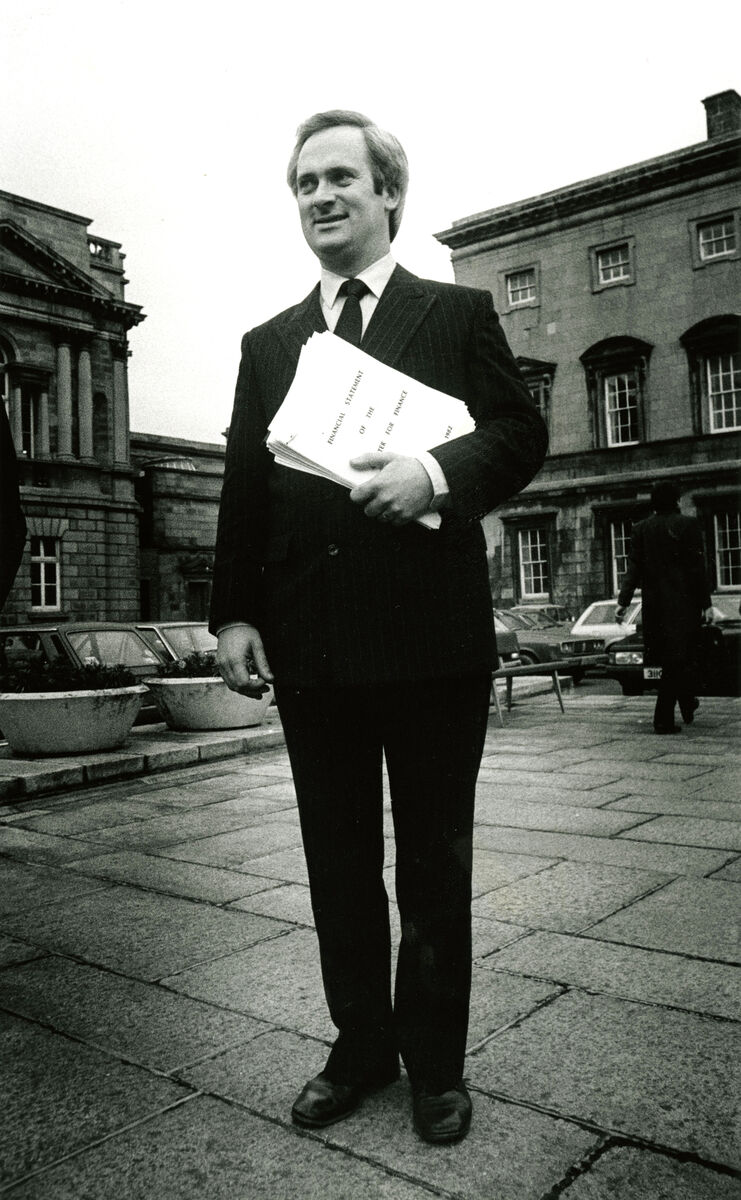 Then taoiseach John Bruton outside Leinster House in January 1982 with his budget statement. The introduction of Vat on children's shoes caused Socialist TD Jim Kemmy to withdraw his support and the government fell. Picture: Eamonn farrell/RollingNews