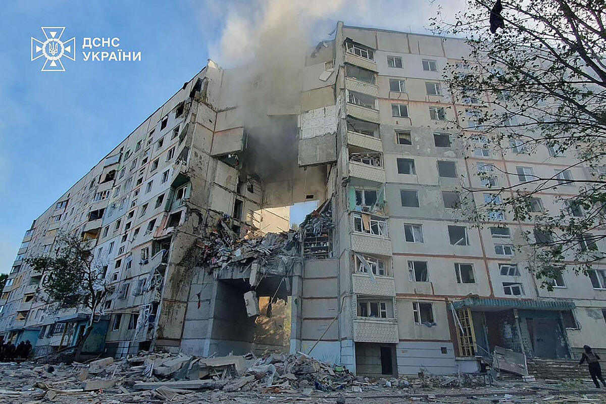 Smoke, dust and debris can be seen after after a Russian attack that hit a residential building in Kharkiv, Ukraine, Tuesday September, 24, 2024. Picture: Ukrainian Emergency Services via AP