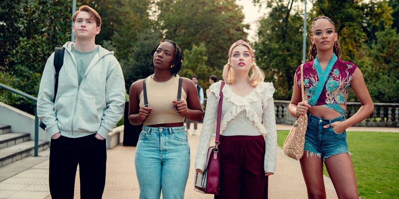 Heartstopper: Kit Connor, Corrina Brown, Rhea Norwood, and Yasmin Finney in a scene from season 3. Heartstopper: Kit Connor, Corrina Brown, Rhea Norwood, and Yasmin Finney in a scene from season 3.