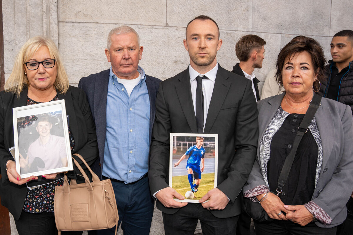 Parents Angela and Martin Butler, brother Aaron Butler and aunt Marian Harte, family of the late Roy Butler, after speaking to the media moments after his inquest. Pic By Noel Sweeney