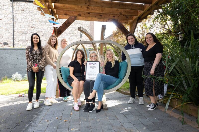 Ciara Kelly, social care leader with Wellsprings Outreach, Erin Hanlon, disability case worker with Wellsprings Outreach, Orlaith Hayes, acting manager with Wellsprings Outreach, Maura O’Donoghue, wellness practitioner, Aiofe O’Brien, Wellsprings outreach coordinator, Anne-Marie Brophy, VHI Account Manager, Megan, Wellsprings outreach user, Emma Hickey, social care worker with Wellsprings. Photo: Darragh Kane