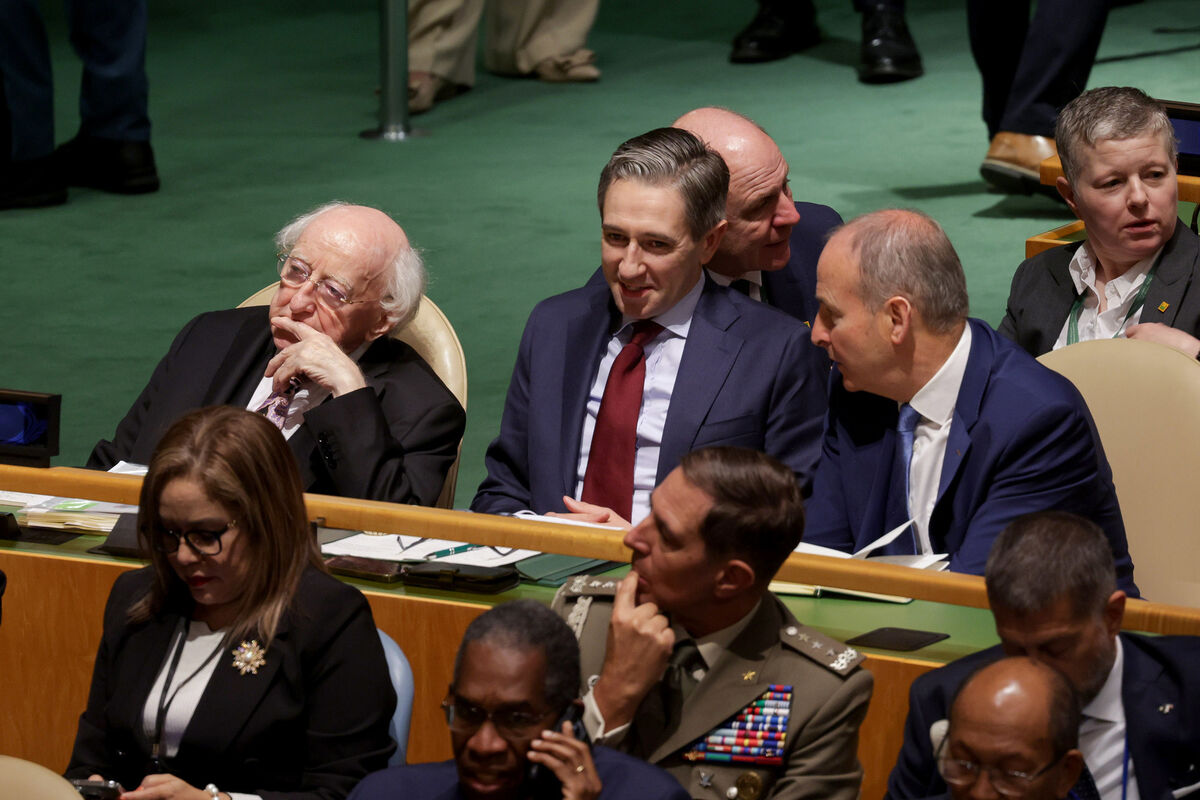 (Left to right) The President of Ireland Michael D Higgins with Taoiseach Simon Harris and Tánaiste Micheál Martin at the United Nations opening session of the UN General Assembly in New York this week. President Higgins said that the issues around access to food was a failing of the West. Photo: Tony Maxwell/PA