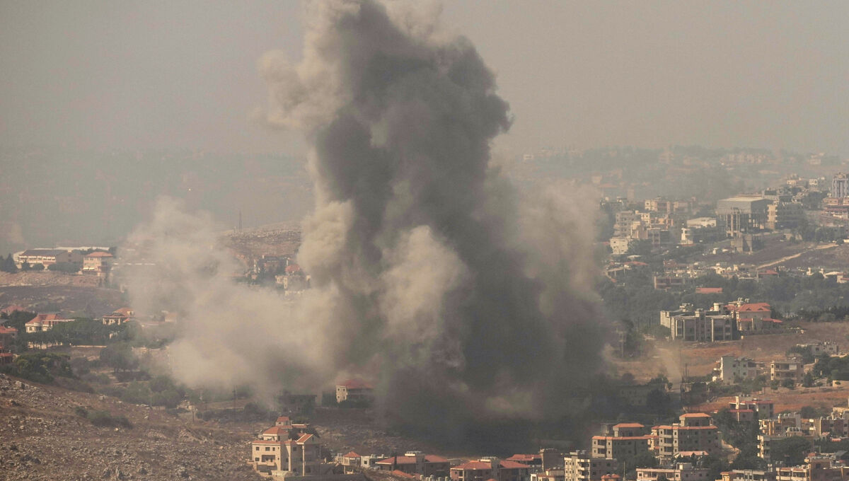 Smoke rises from Israeli airstrikes in the southern village of Kfar Rouman, seen from Marjayoun, Lebanon, on Wednesday. Picture: Hussein Malla/AP
