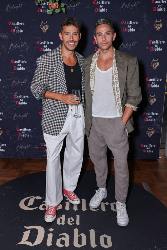Simon Atkins and Warren Atkins attend the launch party of Casillero Del Diablo's new wine 'BeLight' with a Rooftop Cinema Screening at Pergola on the Wharf on July 8, 2024 in London, England. Simon Atkins and Warren Atkins attend the launch party of Casillero Del Diablo's new wine 'BeLight' with a Rooftop Cinema Screening at Pergola on the Wharf on July 8, 2024 in London, England.