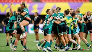 <p>MOMENT OF VICTORY: Ireland players, including Enya Breen and Aoife Dalton, celebrate at the final whistle of the WXV1 Pool match against New Zealand. Picture: Rich Lam/World Rugby via Sportsfile</p>