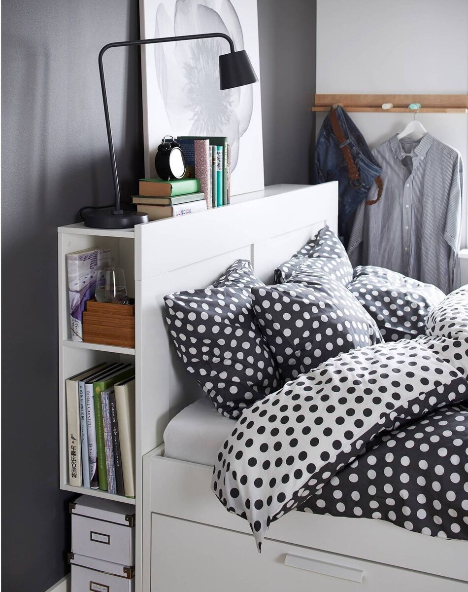 The Ikea Brimes bed can carry books, chargers and more in the headboard and features two drawers to the frame, €349 for standard double, ikea.com/ie. The Ikea Brimes bed can carry books, chargers and more in the headboard and features two drawers to the frame, €349 for standard double, ikea.com/ie.