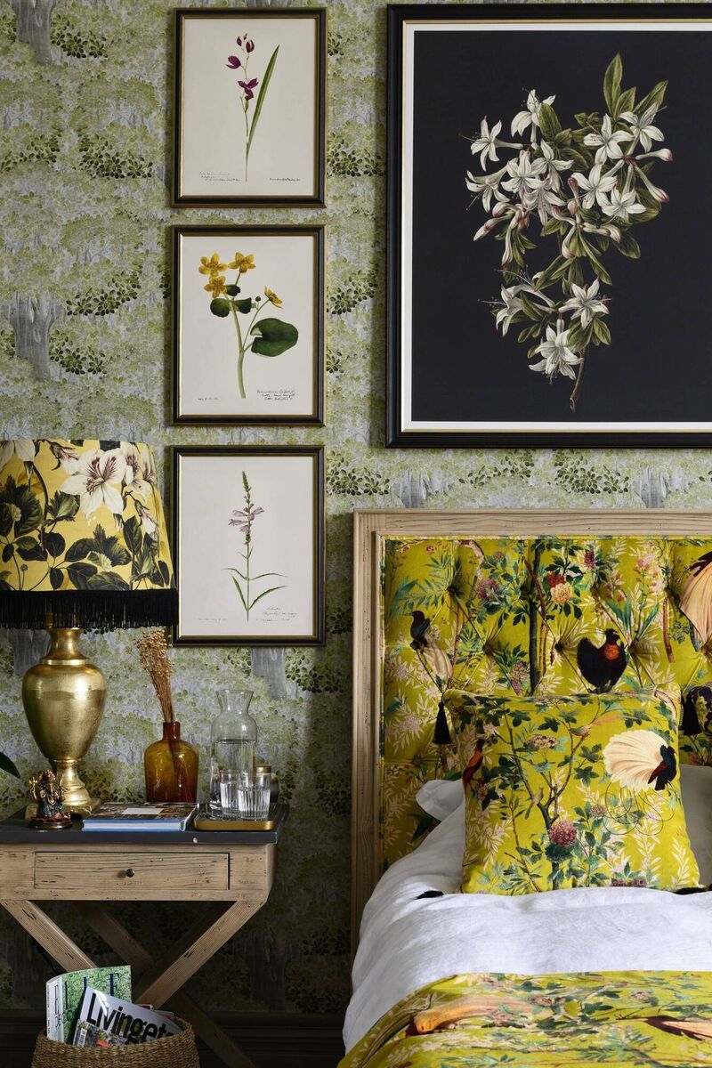 Increase a headboard's presence with a gallery wall, Mind the Gap, Transylvanian Manor, Journey To Eden wallpaper and chinoiserie fabrics, from €257 a roll. Increase a headboard's presence with a gallery wall, Mind the Gap, Transylvanian Manor, Journey To Eden wallpaper and chinoiserie fabrics, from €257 a roll.