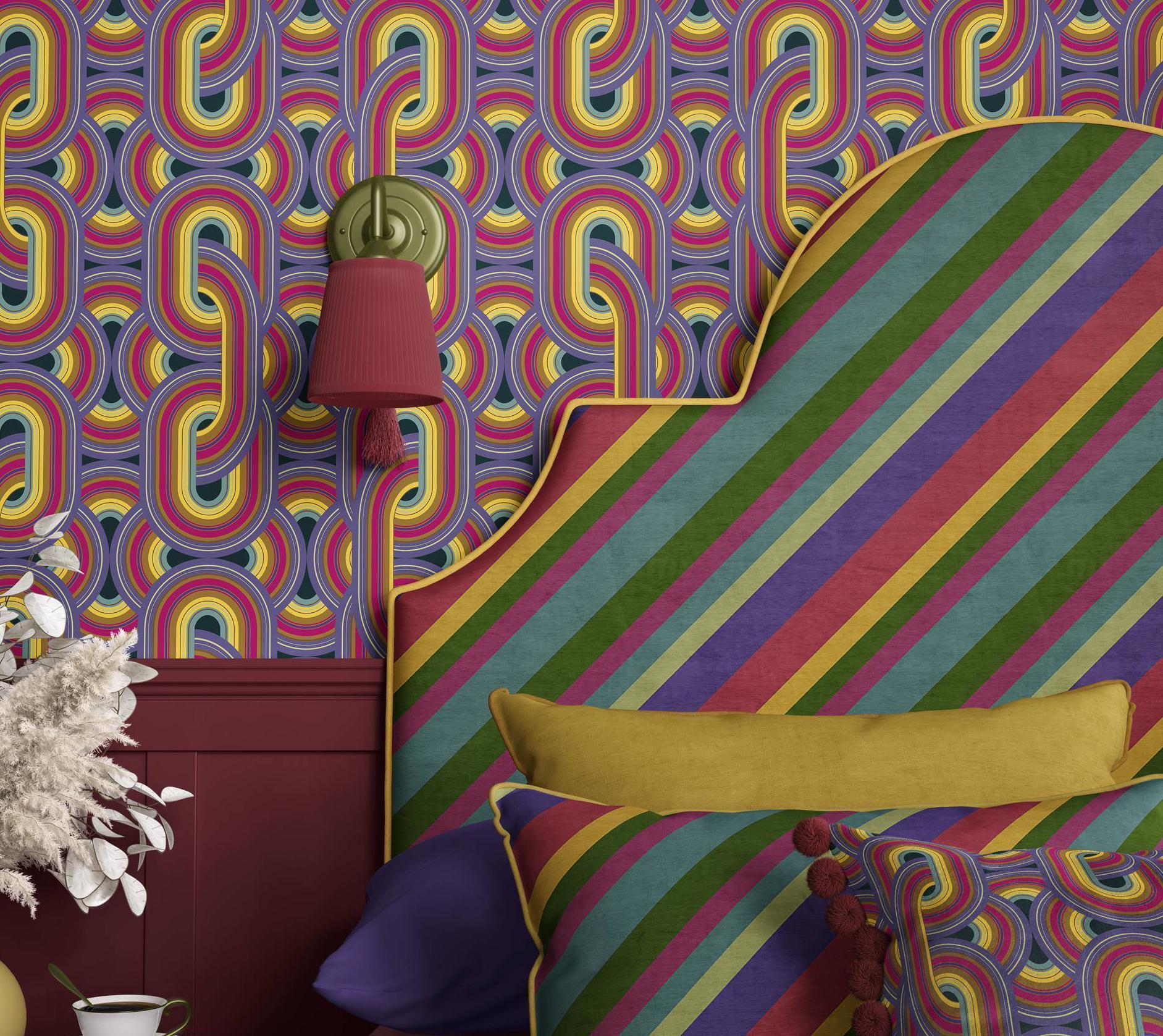 Celebrate vintage or fabulous fabrics by installing new upholstery to a new or old padded headboard. Preziosa collection, Rebel Knit wallpaper, inspired by the organic geometry of this 1970s luxury hotelier upholstery; €165, The Curious Department.