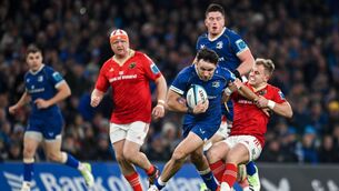 <p>BIG DRAW: Hugo Keenan of Leinster is tackled by Craig Casey of Munster during the URC match at the Aviva Stadium. Picture: Sam Barnes/Sportsfile</p>
