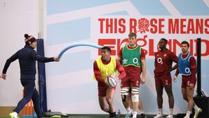<p>CENTRE OF ATTENTION: Immanuel Feyi-Waboso takes part in an indoor training session at the Honda England Rugby Performance centre at Pennyhill Park on March 04, 2024 in Bagshot, England. Pic: Warren Little/Getty Images</p>