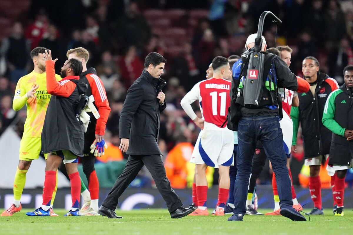 STRIDING ON: Arsenal manager Mikel Arteta (centre left) after the UEFA Champions League match at the Emirates Stadium. Picture: Adam Davy/PA. STRIDING ON: Arsenal manager Mikel Arteta (centre left) after the UEFA Champions League match at the Emirates Stadium. Picture: Adam Davy/PA.