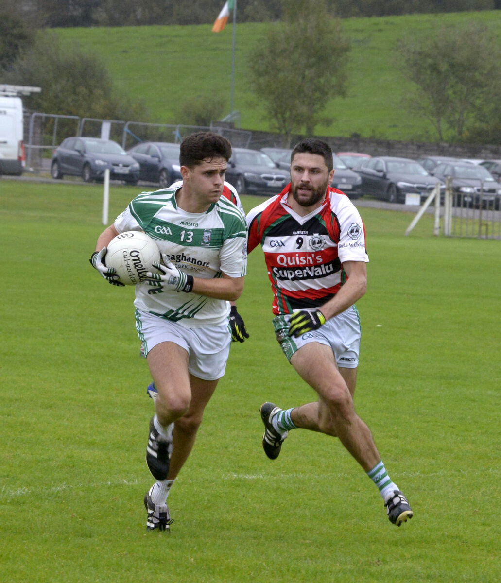 Ballincollig's J.P Murphy tackling Ilen Rovers Stephen Leonard in 2021. Pic: Denis Boyle