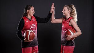 <p>HIGH FIVE: Kyra White and Karin Skapin of Catalyst Fr. Mathews at Superleague launch . Pic: Dan Sheridan Inpho</p>