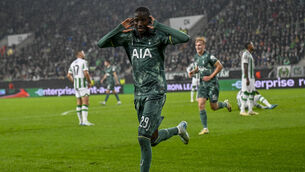 <p>Pape Sarr celebrates Tottenham’s first goal (Denes Erdos/AP)</p>