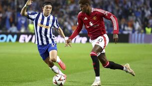 <p>Manchester United's Marcus Rashford tries ro drive the ball past Porto's Pepe, left, during a Europa League opening phase soccer match between FC Porto and Manchester United at the Dragao stadium in Porto, Portugal, Thursday, Oct. 3, 2024. (AP Photo/Luis Vieira)</p>