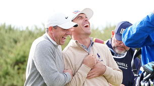 <p>Rory McIlroy and Billy Horschel on the first tee on day two of the Alfred Dunhill Links Championship at Kingsbarns. Picture: Jane Barlow/PA</p>
