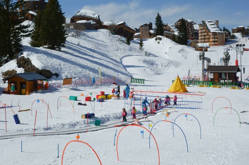 The infant ski school in the center of Avoriaz in the Portes du Soleil ski area in the French Alps.