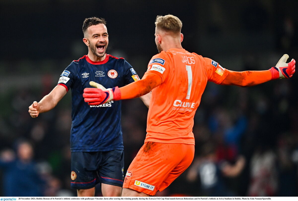 Robbie Benson of St Patrick's Athletic celebrates with goalkeeper Vitezslav Jaros after scoring the winning penalty during the Extra.ie FAI Cup Final. Pic: Eóin Noonan/Sportsfile Robbie Benson of St Patrick's Athletic celebrates with goalkeeper Vitezslav Jaros after scoring the winning penalty during the Extra.ie FAI Cup Final. Pic: Eóin Noonan/Sportsfile