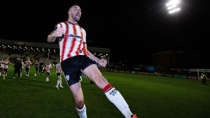 <p>Derry City's Michael Duffy celebrates after the game. Pic: Tom Maher/Inpho</p>
