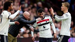 <p>ALL HANDS: Manchester United manager Erik ten Hag issues instructions to Bruno Fernandes during Sunday's goalless draw at Villa Park. Pic: Mike Egerton/PA Wire.</p>