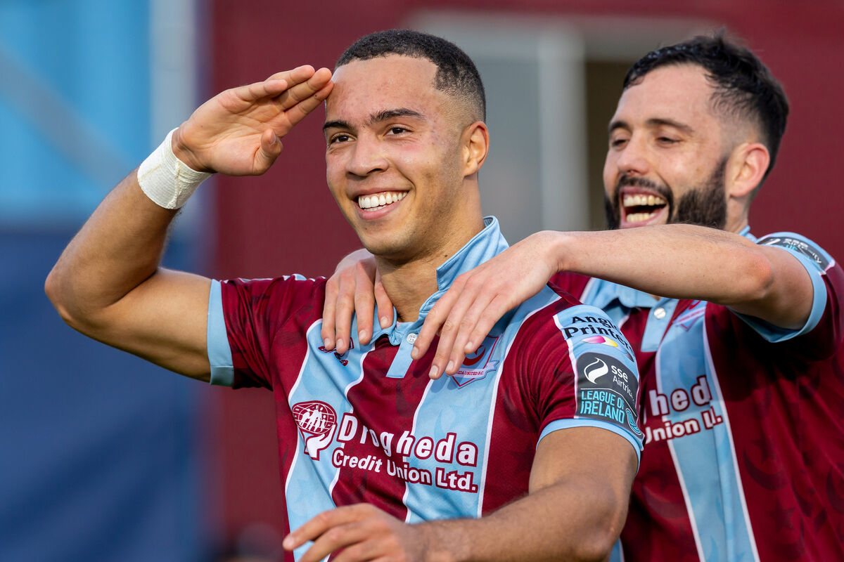 Drogheda United goalscorer Douglas James Taylor is congratulated by Dave Webster. Pic: Morgan Treacy/Inpho