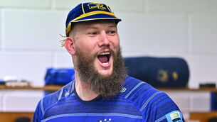 <p>RG Snyman of Leinster celebrates after being presented with a cap to mark his debut. Pic: Brendan Moran/Sportsfile</p>