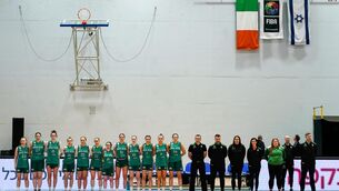 <p>The Ireland team stand by their bench as they stand for their national anthem before the FIBA Women's EuroBasket Championship Qualifier match between Israel and Ireland at the Rimi Olympic Centre in Riga, Latvia. Photo by Oksana Dzadan/Sportsfile</p>