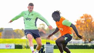 <p>FINDING THE FLOW: Evan Ferguson, left, and Festy Ebosele during a Republic of Ireland training session at the FAI National Training Centre in Abbotstown, Dublin. Photo by Stephen McCarthy/Sportsfile</p>