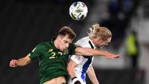 <p>Jayson Molumby in action against Fredrik Jenson of Finland during the 2020 UEFA Nations League</p>