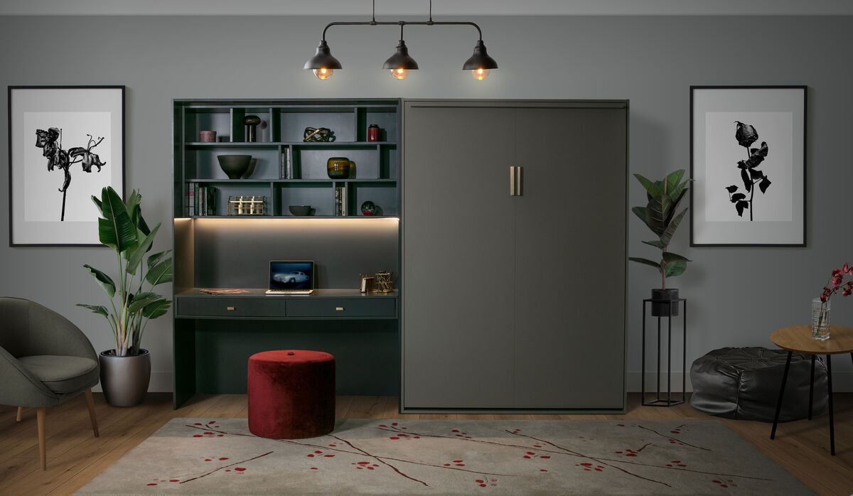 Indigo Grey model with surrounding shelving for a cohesive look, from Wall Beds. 
