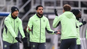 <p>TO FINN JUST ONCE: Players, from left, Adam Idah, Andrew Omobamidele, Kasey McAteer and Festy Ebosele during a Republic of Ireland training session at the Helsinki Olympic Stadium in Helsinki, Finland. Pic: Stephen McCarthy/Sportsfile</p>