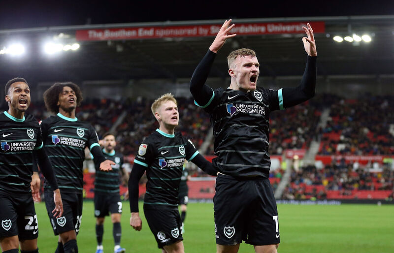 Portsmouth's Mark O'Mahony celebrates scoring their side's first goal of the game during the Sky Bet Championship match. Pic: Nigel French/PA Wire. Portsmouth's Mark O'Mahony celebrates scoring their side's first goal of the game during the Sky Bet Championship match. Pic: Nigel French/PA Wire.
