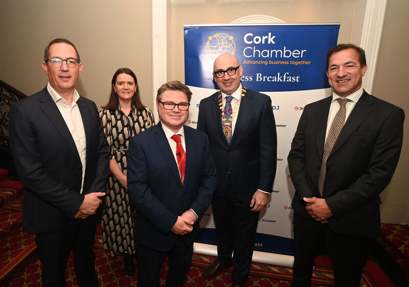  (middle) Guest speaker Ian Flanagan, CEO, Munster Rugby with (from Left) Conor Healy, CE, Cork Chamber, Karen O'Donoghue, MD, Irish Examiner &amp; The Echo, Rob Horgan, President, Cork Chamber and Daryl Broderick, of sponsors RDJ at the Cork Chamber Business Breakfast, in association with RDJ, and media partner Irish Examiner, at The Metropole Hotel, MacCurtain Street, Cork. Pic : Larry Cummins