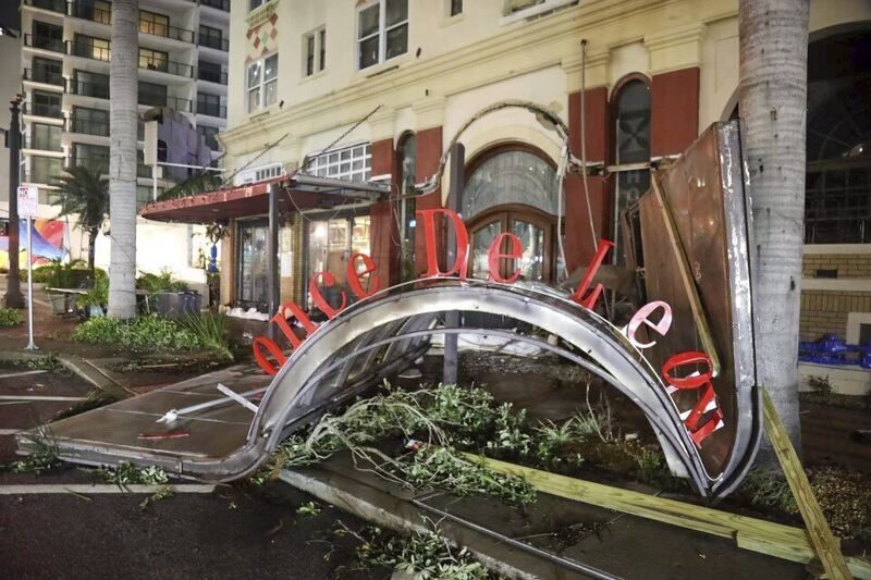 The Ponce De Leon Hotel sign which fell to the ground after Hurricane Milton made landfall in Florida on Thursday in St Petersburg. Photo: Lauren Peace/Tampa Bay Times via AP The Ponce De Leon Hotel sign which fell to the ground after Hurricane Milton made landfall in Florida on Thursday in St Petersburg. Photo: Lauren Peace/Tampa Bay Times via AP