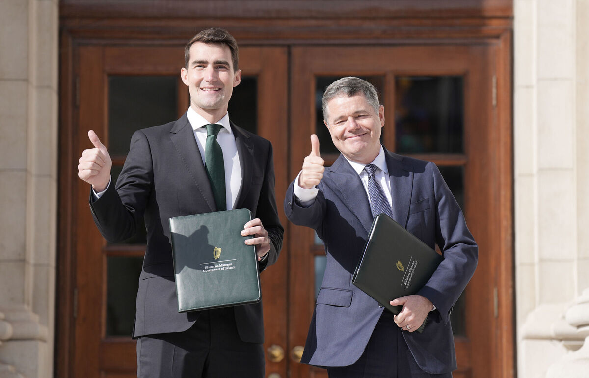 Finance Minister Jack Chambers and Minister for Public Expenditure Paschal Donohoe ahead of a press conference for the budget, at the Department of Finance in Dublin.