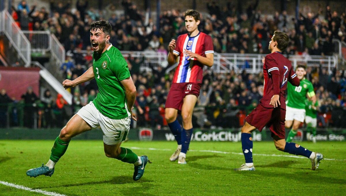 Sean Roughan celebrates after scoring his side's opening goal during the UEFA European U21 Championship qualifier against Norway at Turner's Cross in Cork. Photo by Brendan Moran/Sportsfile