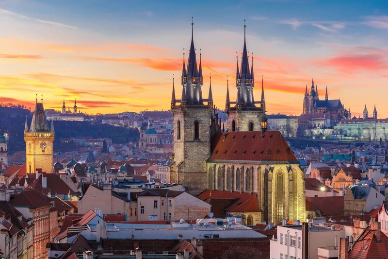Church of Our Lady before Tyn, Old Town and Prague Castle at sunset in Prague, Czech Republic, Church of Our Lady before Tyn, Old Town and Prague Castle at sunset in Prague, Czech Republic,