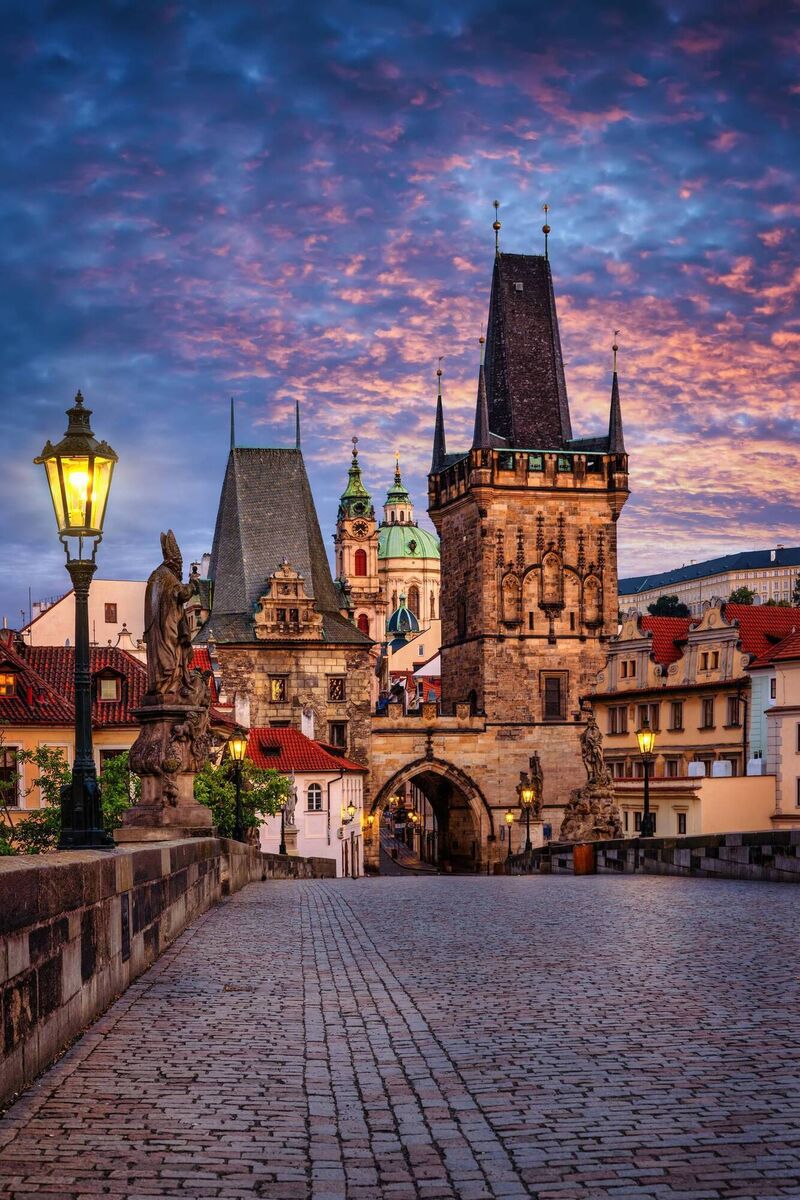 The view from the Charles Bridge to the Lesser town Mala Strana in Prague, Czech Republic.