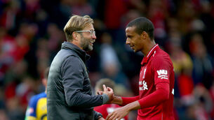 <p>FOLLOW ME OUT: Liverpool manager Jurgen Klopp (left) with Liverpool's Joel Matip (right) after the final whistle during a Premier League match at Anfield, Liverpool.</p>